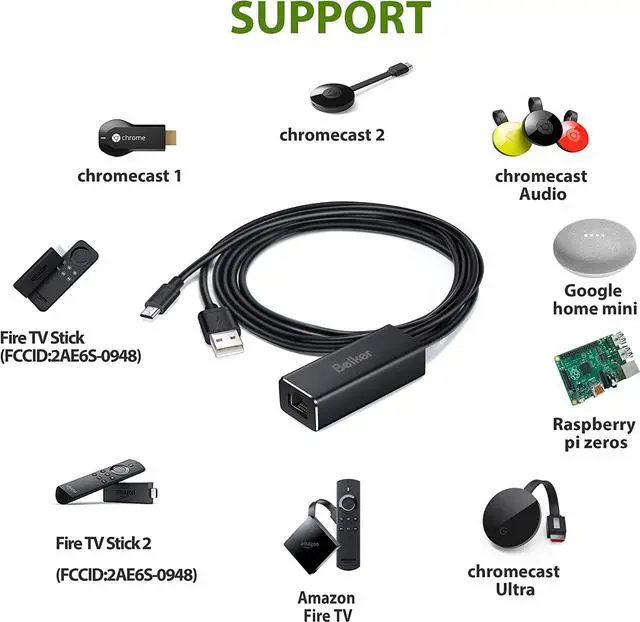 Alt view image 2 of 5 - Fire TV Ethernet Adapter, Belkertech Fire Stick Ethernet Adapter/Micro USB to Rj45 Ethernet Adapter, USB to Rj45 Cable for Fire TV Stick, All-New Fire TV, Chromecast Ultra Audio Etc