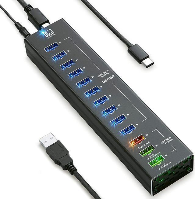USB Hub Powered, 13 Multi-Port USB Hub with USB 3.0 Ports, 2 IQ Quick Charge Ports, and Port with to Power, Powered USB Splitter with Cords C and