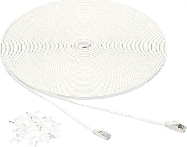 Main image of Basics RJ45 Cat 7 Ethernet Patch Cable, Flat, 600MHz, Snagless, Includes 25 Nails for Printer, 100 Foot, White