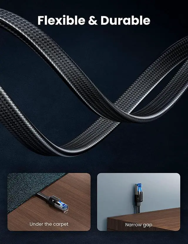 Alt view image 3 of 7 - UGREEN Cat 8 Ethernet Cable 40Gbps 2000Mhz High Speed 26AWG Internet Cable Braided Flat Network Cord RJ45 Shielded Indoor LAN Cables Compatible for PC Gaming PS5 Xbox Modem Router 50FT