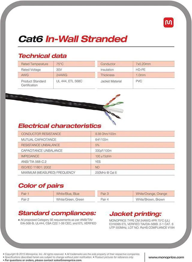 Alt view image 8 of 18 - Monoprice Cat6 Ethernet Bulk Cable - 250 Feet - Blue | Network Internet Cord - Stranded, 550Mhz, UTP, CM, Pure Bare Copper Wire, 24AWG