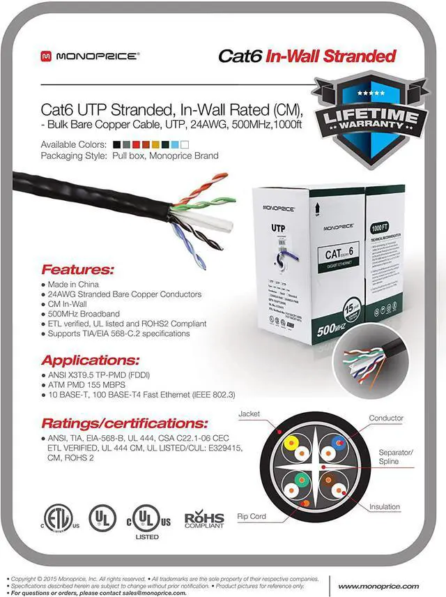 Alt view image 7 of 18 - Monoprice Cat6 Ethernet Bulk Cable - 250 Feet - Blue | Network Internet Cord - Stranded, 550Mhz, UTP, CM, Pure Bare Copper Wire, 24AWG