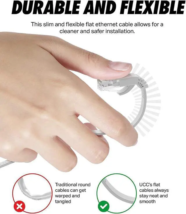 Alt view image 3 of 7 - Ultra Clarity Cables Cat 6 Ethernet Cable, Flat 50 Feet LAN, UTP Cat 6, RJ45, Network Cord, Patch, Internet Cable - 50 ft - White