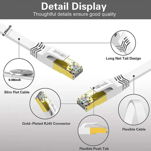 Alt view image 3 of 7 - HiiPeak Cat 8 Ethernet Cable 40ft - Cat8 Flat Internet Cable High Speed LAN Patch Network Cables with RJ45 Gold Plated Connector, Compatible with Cat5/Cat6/Cat7, White 40 ft