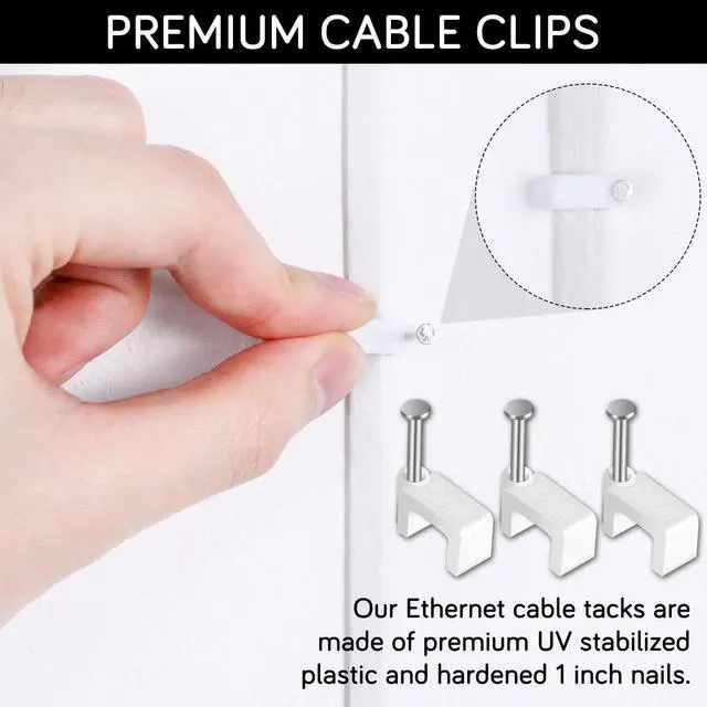 Alt view image 4 of 7 - Cable Clips - CableGeeker 100 Pieces Ethernet Cable Clips with Nails 8mm Cord Holder for Cat6 Cat7 Flat Ethernet Cable (White)