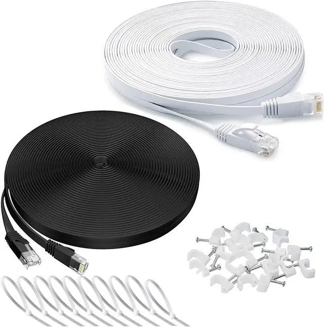 Main image of Ethernet Cable 100 ft 2 Pack Cat 6 Flat Cable Ethernet Cord, Slim Long Cat6 High Speed Computer Router Network LAN Patch Wire with Clips & Rj45,Faster Than Cat5e/Cat5,100 feet White+Black Cable