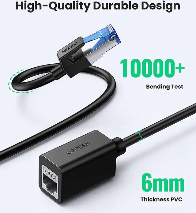 Alt view image 6 of 7 - UGREEN Ethernet Extender Cable Cat 8 Extension Network Cable 40 Gbps 2000MHz RJ45 Network Patch Cord Double Shielding Male to Female Connector Compatible for Router PC Laptop Modem 6FT