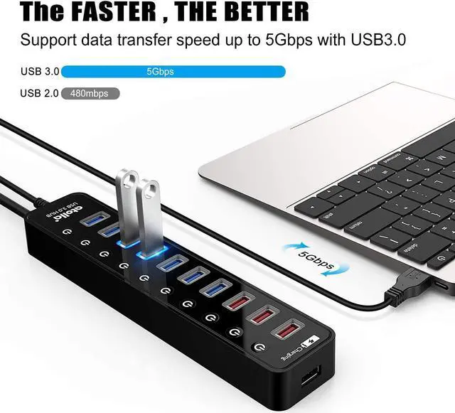 Alt view image 2 of 7 - Powered USB 3.0 Hub USB 3.0 Data Hub 11 Ports - 7 USB 3.0 Data Ports + 4 Smart Charging Port with Individual On/Off Switches and 12V/4A Power Adapter USB Hub 3.0 Splitter