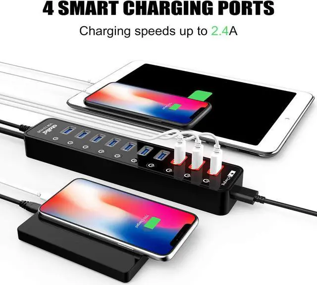 Alt view image 3 of 7 - Powered USB 3.0 Hub USB 3.0 Data Hub 11 Ports - 7 USB 3.0 Data Ports + 4 Smart Charging Port with Individual On/Off Switches and 12V/4A Power Adapter USB Hub 3.0 Splitter