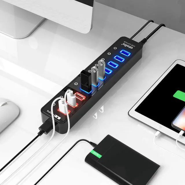 Alt view image 7 of 7 - Powered USB 3.0 Hub USB 3.0 Data Hub 11 Ports - 7 USB 3.0 Data Ports + 4 Smart Charging Port with Individual On/Off Switches and 12V/4A Power Adapter USB Hub 3.0 Splitter