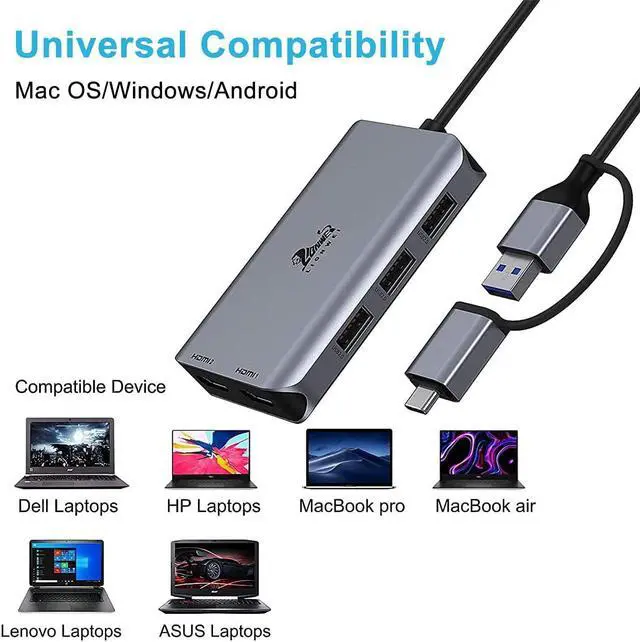 Alt view image 3 of 7 - LIONWEI USB 3.0 to Dual HDMI Docking Station for Windows & macOS, USB C Adapter 2 Monitor Splitter for MacBook Pro/Air/M1/M2/Dell/HP/Lenovo/Surface