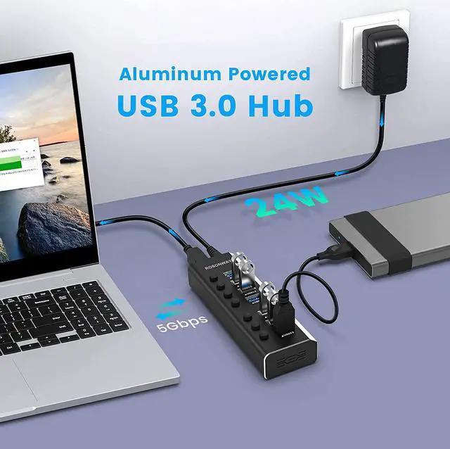 Alt view image 2 of 7 - Rosonway USB Hub 3.0 Powered Aluminum 7 Ports USB 3.0 Data Hub Splitter with 24W (12V/2A) Power Adapter and Individual On/Off Switches USB Port Expander for PC and Laptop (RSH-A37S)