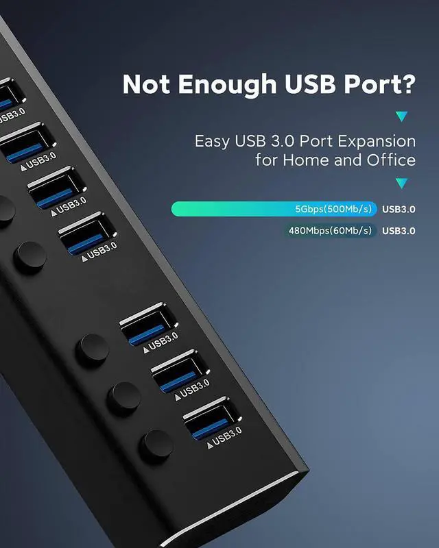 Alt view image 6 of 7 - Rosonway USB Hub 3.0 Powered Aluminum 7 Ports USB 3.0 Data Hub Splitter with 24W (12V/2A) Power Adapter and Individual On/Off Switches USB Port Expander for PC and Laptop (RSH-A37S)