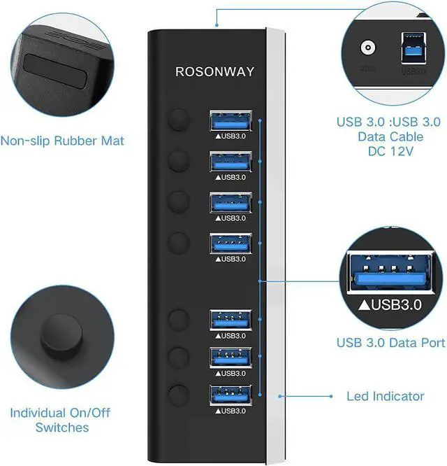 Alt view image 7 of 7 - Rosonway USB Hub 3.0 Powered Aluminum 7 Ports USB 3.0 Data Hub Splitter with 24W (12V/2A) Power Adapter and Individual On/Off Switches USB Port Expander for PC and Laptop (RSH-A37S)