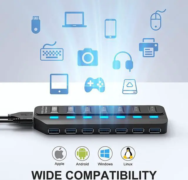 Alt view image 7 of 7 - USB Hub 3.0, 7 Port USB Hub Splitter with Individual On/Off LED Switches, 5Gbps HighSpeed Data USB Extension for Laptop, iMac, USB Flash Drives, Mobile HDD, Printer, Camera and More