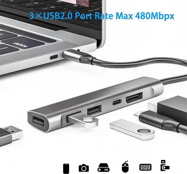 Alt view image 4 of 7 - USB C to Display Multiport Adapter, Portable Type-C Hub to DisplayPort, USB-C Charging Port, 3 USB 2.0 for MacBook Pro/Air Type C Laptops