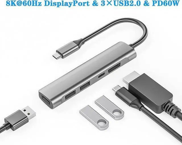 Alt view image 2 of 7 - USB C to Display Multiport Adapter, Portable Type-C Hub to DisplayPort, USB-C Charging Port, 3 USB 2.0 for MacBook Pro/Air Type C Laptops