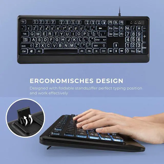 Alt view image 3 of 7 - Large Print Backlit Keyboard, Quiet USB Wired Computer Keyboard, Full Size Keyboard with White Illuminated LED Compatible for Windows Desktop, Laptop, PC, Gaming, Black
