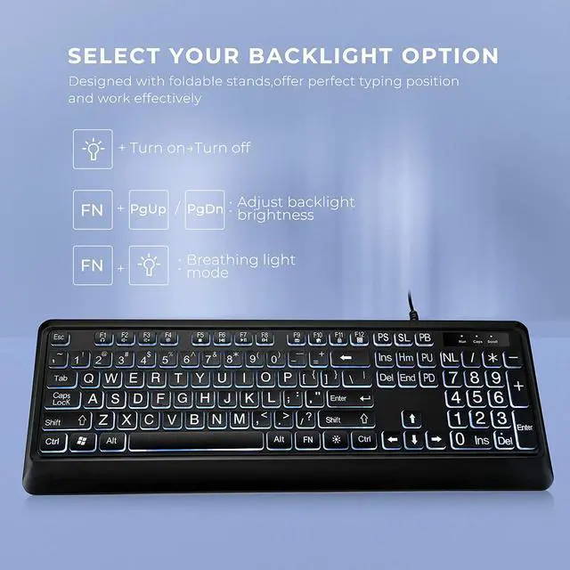 Alt view image 4 of 7 - Large Print Backlit Keyboard, Quiet USB Wired Computer Keyboard, Full Size Keyboard with White Illuminated LED Compatible for Windows Desktop, Laptop, PC, Gaming, Black