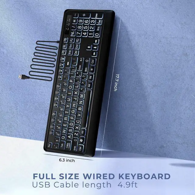 Alt view image 6 of 7 - Large Print Backlit Keyboard, Quiet USB Wired Computer Keyboard, Full Size Keyboard with White Illuminated LED Compatible for Windows Desktop, Laptop, PC, Gaming, Black
