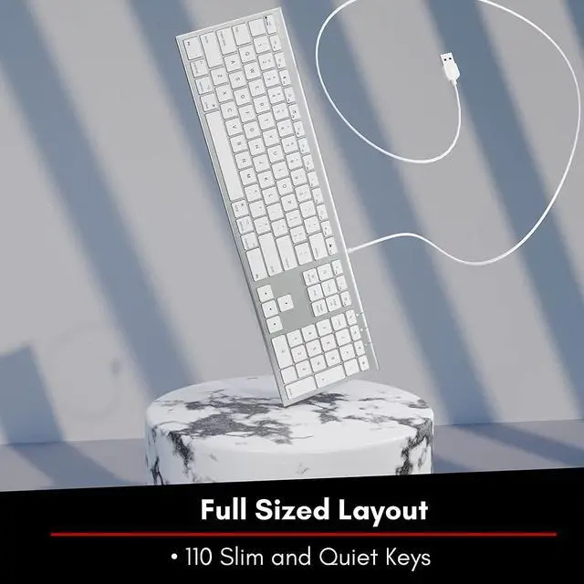 Alt view image 3 of 7 - Ultra Slim USB Wired Computer Keyboard - Works as Windows or Mac Wired Keyboard - Full Size Keyboard with 20 Apple Shortcut Keys - Mac Keyboard with Number Pad - Silver Aluminum Finish