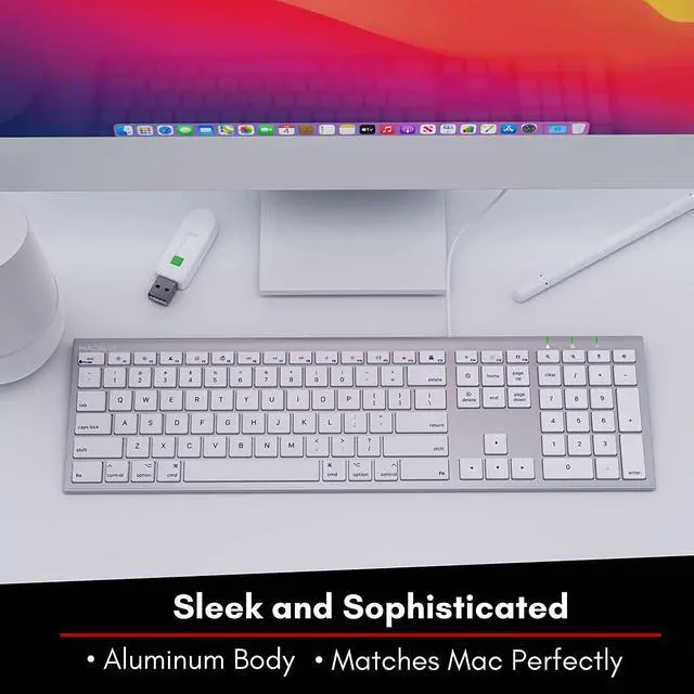 Alt view image 4 of 7 - Ultra Slim USB Wired Computer Keyboard - Works as Windows or Mac Wired Keyboard - Full Size Keyboard with 20 Apple Shortcut Keys - Mac Keyboard with Number Pad - Silver Aluminum Finish