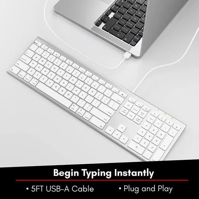 Alt view image 5 of 7 - Ultra Slim USB Wired Computer Keyboard - Works as Windows or Mac Wired Keyboard - Full Size Keyboard with 20 Apple Shortcut Keys - Mac Keyboard with Number Pad - Silver Aluminum Finish