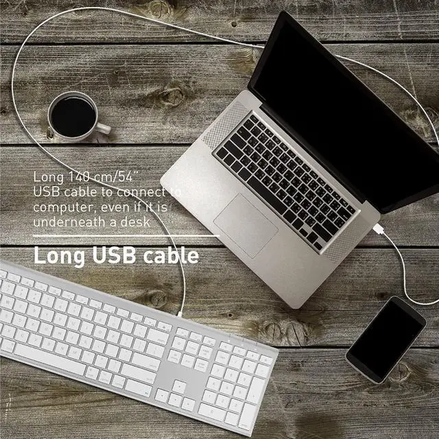 Alt view image 7 of 7 - Ultra Slim USB Wired Computer Keyboard - Works as Windows or Mac Wired Keyboard - Full Size Keyboard with 20 Apple Shortcut Keys - Mac Keyboard with Number Pad - Silver Aluminum Finish