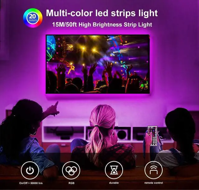 Alt view image 2 of 6 - Led Strip Lights 50ft Color Changing Led Light Strip with Remote Control 5050 RGB Strip Lighting Suitable for Home Decor Living Room Kitchen Home Party Decoration