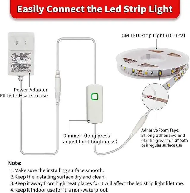 Alt view image 5 of 6 - White LED Strip Lights 16.4ft Dimmable LED Light Strip 12v Flexible LED Rope Lights Kits for Kitchen Cabinet Mirror Bedroom Party Decor