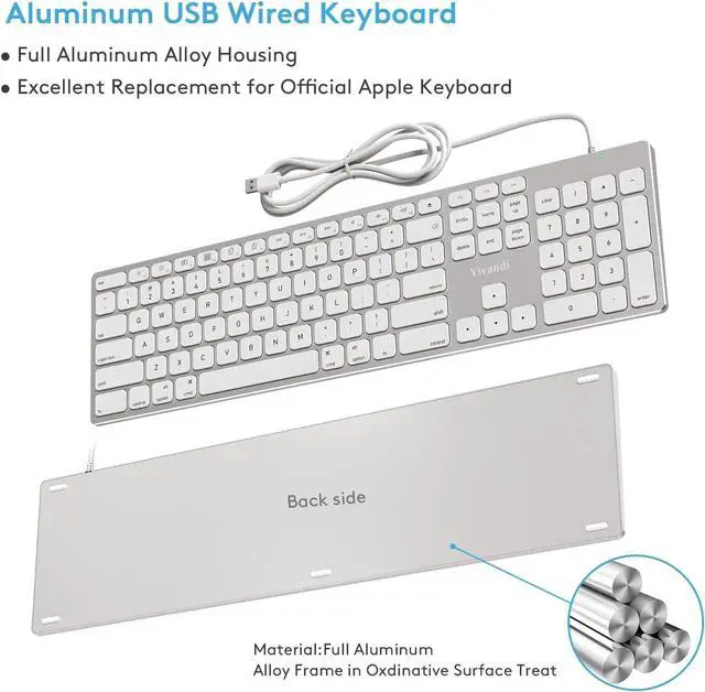 Alt view image 3 of 7 - USB Wired Keyboard for Apple Mac, Aluminum Full Size Computer Keyboard with Numeric Keypad Compatible with Magic, iMac, MacBook Pro/Air Laptop and PC-White