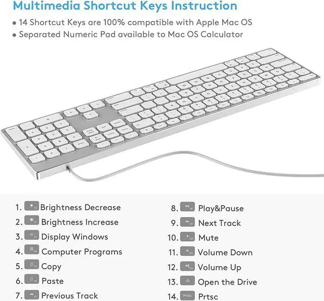 Alt view image 4 of 7 - USB Wired Keyboard for Apple Mac, Aluminum Full Size Computer Keyboard with Numeric Keypad Compatible with Magic, iMac, MacBook Pro/Air Laptop and PC-White
