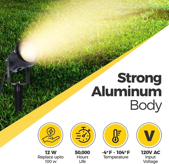 Alt view image 6 of 7 - Outdoor Landscape Lighting 10W,120V AC,Warm White Waterproof LED Landscape Lights for Yard,Patio,Lawn, Wall, Flood,Driveway,Tree Lighting,Metal Ground Stake (2 Packs)