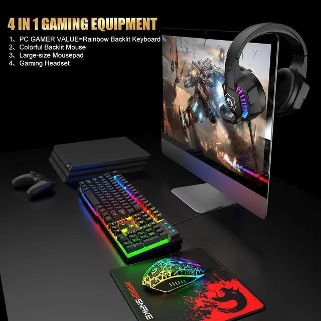 Alt view image 2 of 7 - Wired Gaming Keyboard and Mouse Headset Combo Rainbow LED Backlit Wired Keyboard Over Ear Headphone with Mic Rainbow Backlit Gaming Mice Mouse Pad for PC Laptop Mac PS4 Xbox(Black)