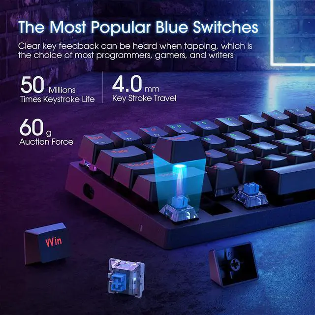 Alt view image 3 of 7 - Portable 60% Mechanical Gaming Keyboard,60 Percent Wired Gamer Keyboard with Blue Switches,LED Customization Backlit,61 Keys Ultra-Compact Mini Office Keyboard for PC/Mac/Xbox,Easy to Carry On Trip