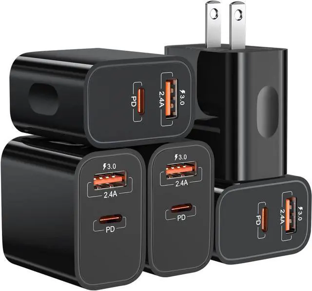 Main image of 20W USB C Fast Charger+Quick Fast Charger 3.0 Wall Charger 5 Pack Dual Port PD Fast Charging Block Power Adapter Compatible iPhone 16/15/14/13/12/11 Pro Max/XS/SE/8 Plus  S20 (Black)