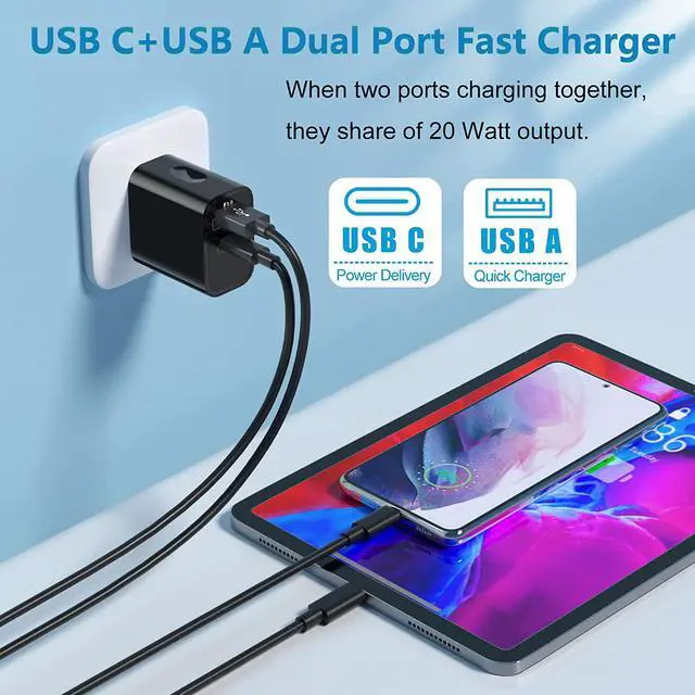 Alt view image 5 of 7 - 20W USB C Fast Charger+Quick Fast Charger 3.0 Wall Charger 5 Pack Dual Port PD Fast Charging Block Power Adapter Compatible iPhone 16/15/14/13/12/11 Pro Max/XS/SE/8 Plus  S20 (Black)