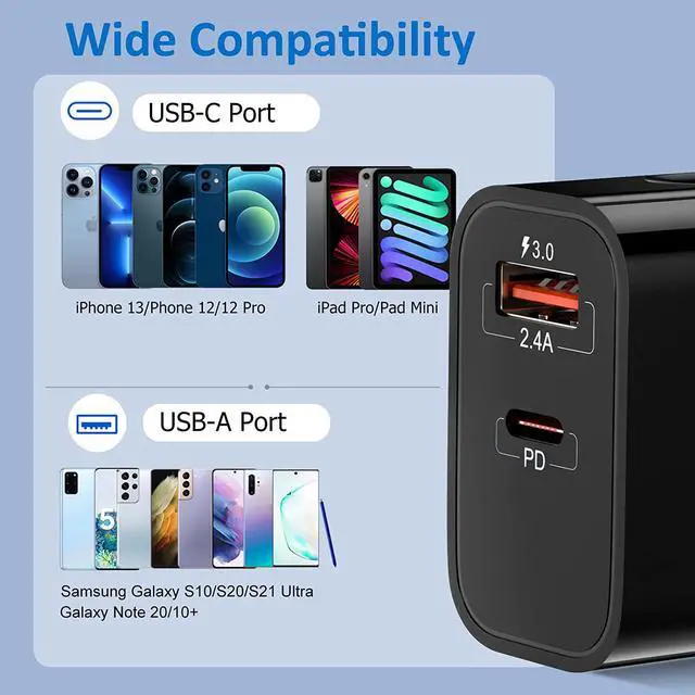 Alt view image 6 of 7 - 20W USB C Fast Charger+Quick Fast Charger 3.0 Wall Charger 5 Pack Dual Port PD Fast Charging Block Power Adapter Compatible iPhone 16/15/14/13/12/11 Pro Max/XS/SE/8 Plus  S20 (Black)