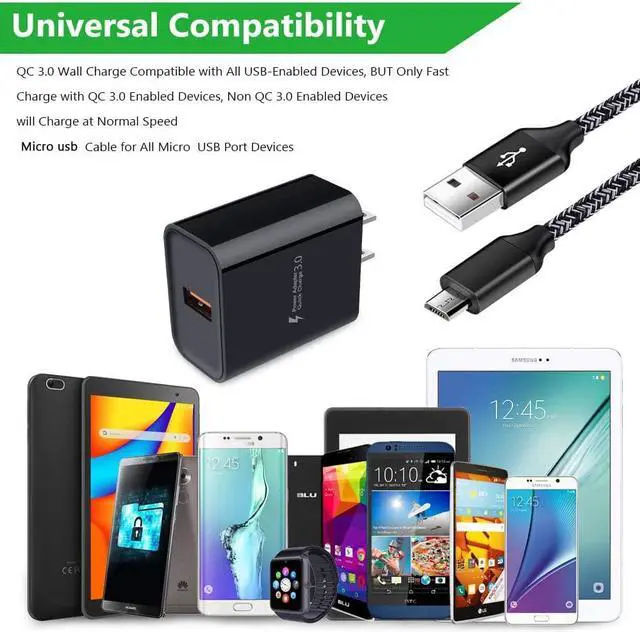 Alt view image 6 of 6 - Quick Charge 3.0 Fast Charging Block Wall Charger with 3ft Micro USB Cable Android Fast Charger for Samsung Galaxy S7 S6 Edge A10 A9 A6 J7 J3,LG Stylo 3 2 K30,Moto E7 E6S E6 E5 E4 G5S G4,Kindle fire