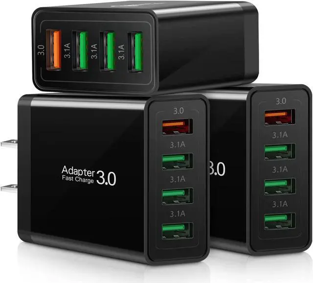Main image of Fast Charge 3.0 Wall Charger, 3-Pack iSeekerKit 4 Ports USB Wall Charger Adapter Fast USB Charging Block Compatible Wireless Charger, Samsung Galaxy S9/S8 Note 8/9, iPhone,Pad, Tablet (Black)