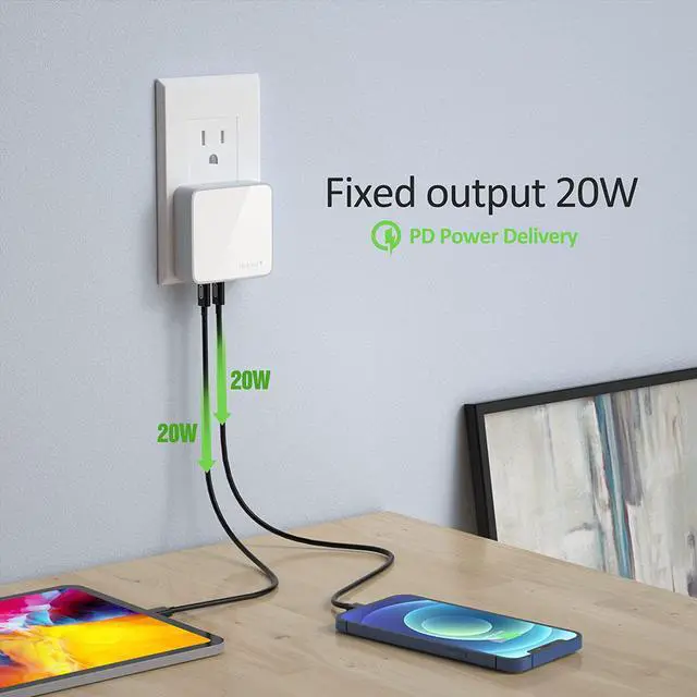 Alt view image 2 of 6 - USB C Charger Thin Flat 52W 4-Port Fast Wall Charger with Two 20W Power Delivery and 2 Port for iPhone 14/14 Pro/14 Pro Max Galaxy Pixel iPad Pro AirPods More Upgraded