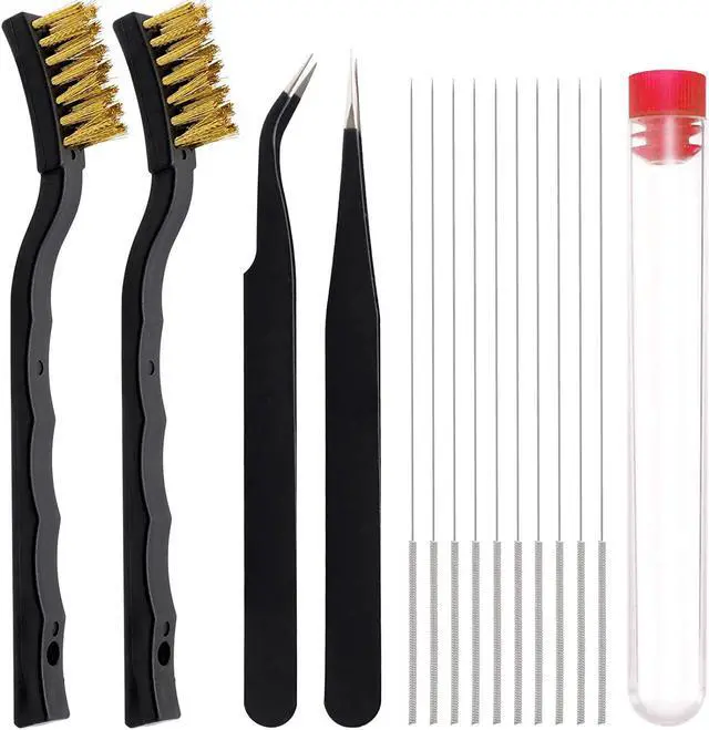 Main image of 3D Printer Nozzle Cleaning Kit with Brush - 10 Pieces 0.4 mm Cleaning Needles 2 Types Sophisticated Tweezers and 2 Pieces Cooper and Stainless Wire Cleaning Brushes
