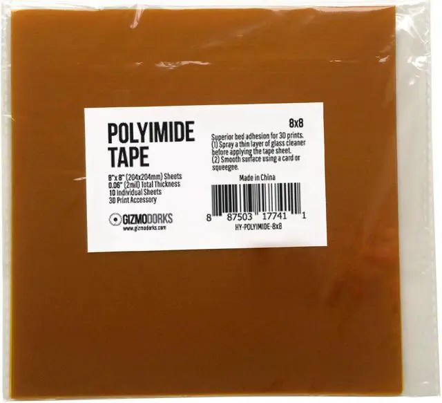 Alt view image 5 of 5 - Gizmo Dorks Kapton Tape (Polyimide) for 3D Printers and Printing, 8 x 8 inches, 10 Sheets per Pack