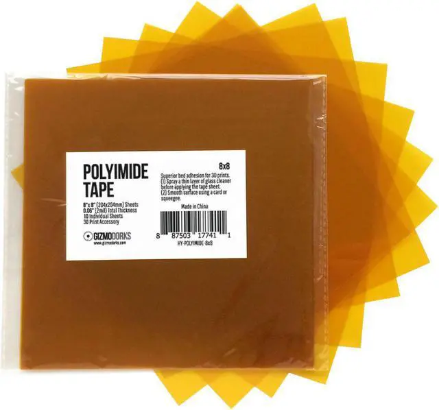 Main image of Gizmo Dorks Kapton Tape (Polyimide) for 3D Printers and Printing, 8 x 8 inches, 10 Sheets per Pack