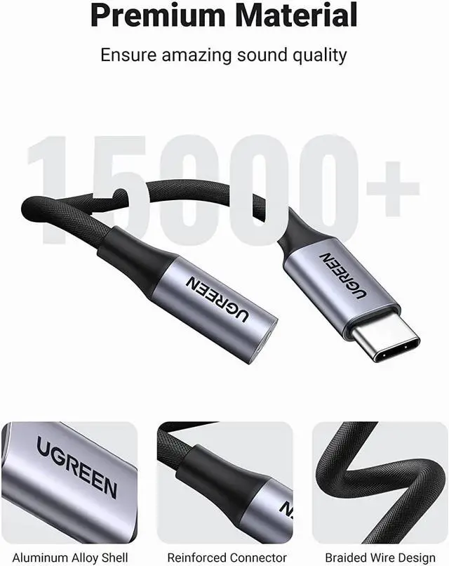Alt view image 6 of 7 - UGREEN USB C to 3.5mm Audio Adapter Braided Type C Male to Headphone Aux Jack Female Dongle HiFi DAC Cable Cord Compatible with Samsung Galaxy S22 S21 Note20 Ultra S20 Pixel 5 4 XL iPad Pro Air, Grey