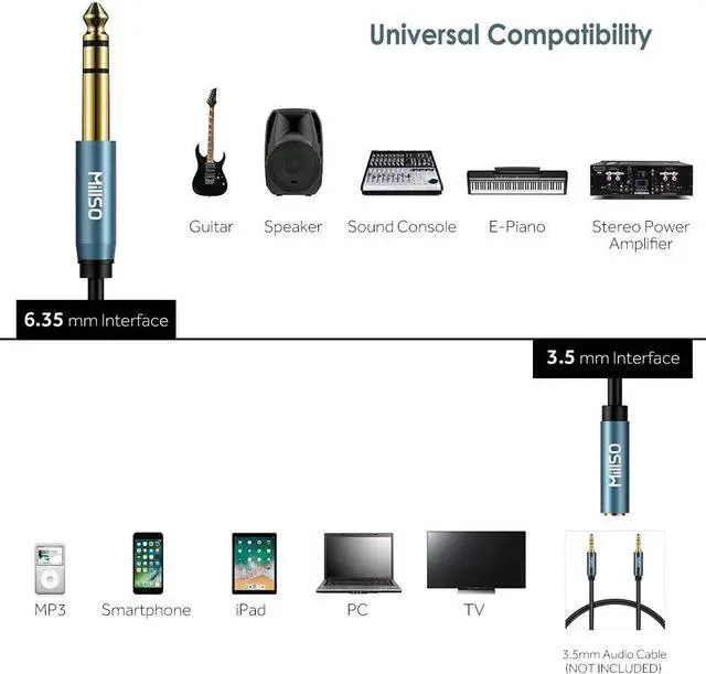 Alt view image 3 of 7 - 1/4 to 3.5mm Headphone Adapter 6.6 Feet TRS 6.35mm 1/4 Male to 3.5mm 1/8 Female Stereo Jack Audio Adapter for Amplifiers Guitar Amp Keyboard Piano Home Theater Headphones