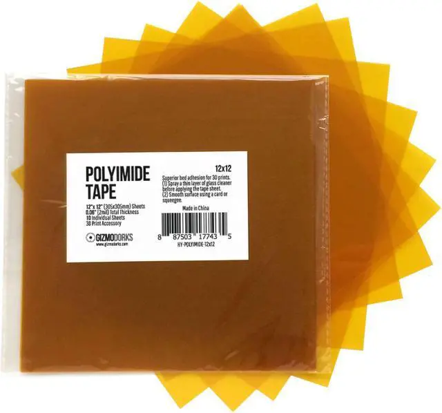 Main image of Gizmo Dorks Kapton Tape (Polyimide) for 3D Printers and Printing, 12 x 12 inches, 10 Sheets per Pack