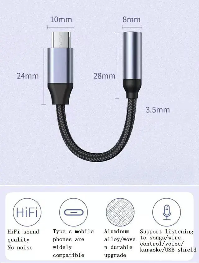 Alt view image 6 of 7 - USB C to 3.5mm Headphone Adapter VIENON USB Type C Dongle Audio Jack Converter DAC Chip Braided Cable Aux Earbuds Adapter for Samsung Galaxy S21+ Ultra S20 FE Note 20 OnePlus 8T 9 Pro 7T Pixel5 Black