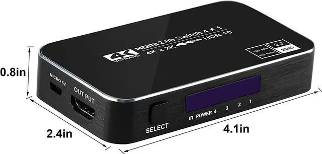 Alt view image 7 of 7 - FERRISA 4K 60Hz 4x1 HDMI Switch 4 Port Auto HDMI Switch Box with IR Remote Support HDCP 2.2 4Kx2K 3D 1080P 4 in 1 Out HDMI Switch Switcher Selector for Xbox360/PS4/PS3/Roku/to TV Projector