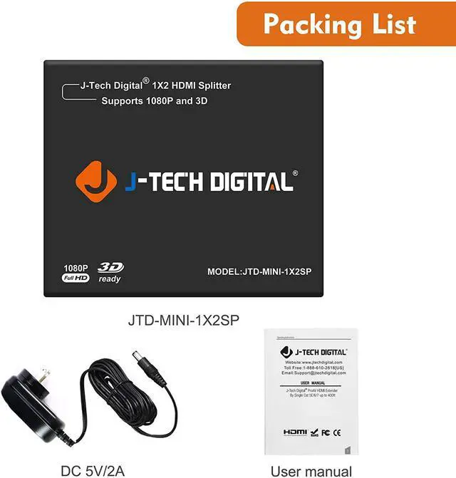 Alt view image 5 of 5 - 4K HDMI Splitter 1 in 2 out 1X2 Powered Splitter for Dual Monitors by Power Adaptor included [JTD-MINI-1X2SP]